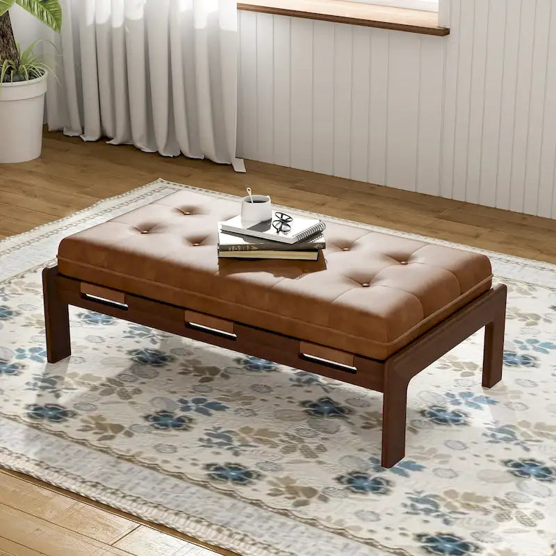 48.4 Table basse cocktail capitonnée rectangulaire, table basse en cuir avec cadre en bois d'hévéa