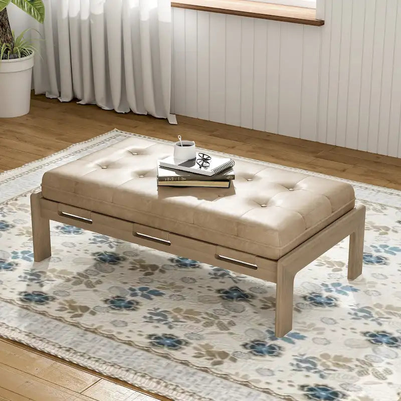 48.4 Table basse cocktail capitonnée rectangulaire, table basse en cuir avec cadre en bois d'hévéa