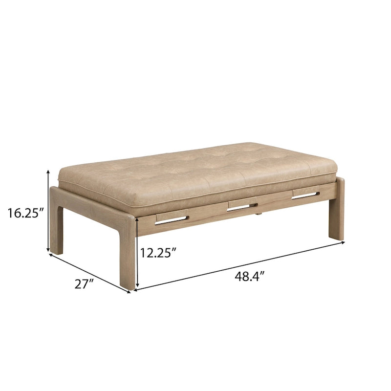 48.4 Table basse cocktail capitonnée rectangulaire, table basse en cuir avec cadre en bois d'hévéa