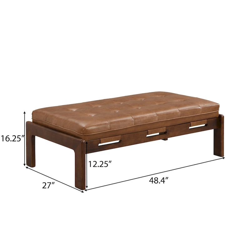48.4 Table basse cocktail capitonnée rectangulaire, table basse en cuir avec cadre en bois d'hévéa