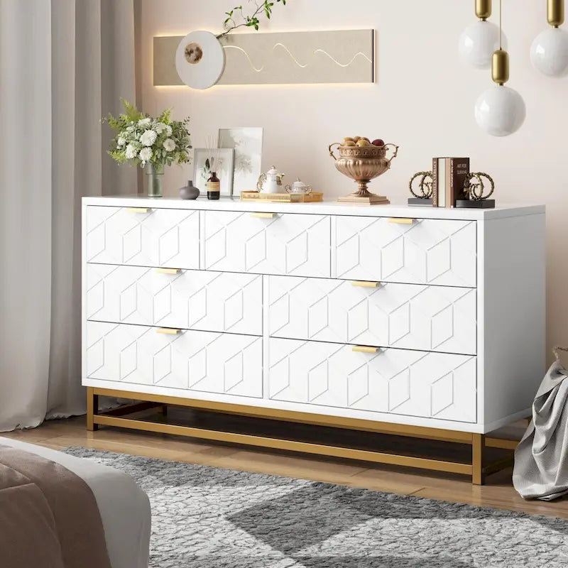 Commode à 7 tiroirs pour chambre à coucher, grande commode de 53,5 po avec pieds en métal