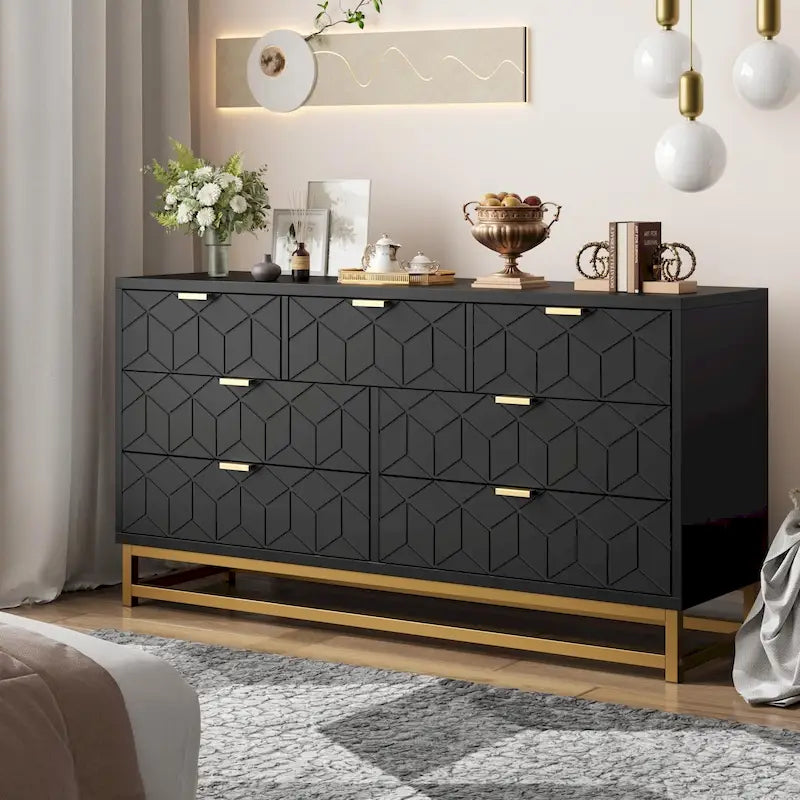 Commode à 7 tiroirs pour chambre à coucher, grande commode de 53,5 po avec pieds en métal
