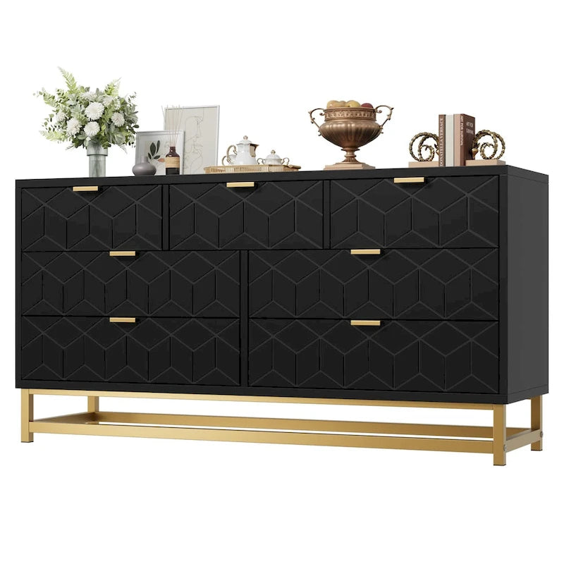 Commode à 7 tiroirs pour chambre à coucher, grande commode de 53,5 po avec pieds en métal