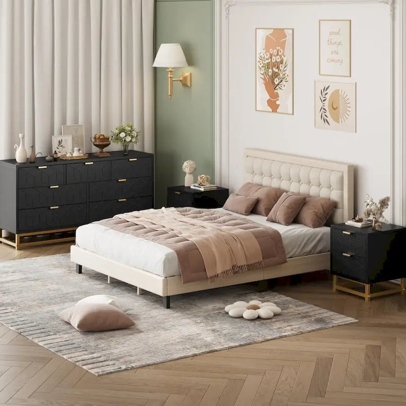 Commode à 7 tiroirs pour chambre à coucher, grande commode de 53,5 po avec pieds en métal
