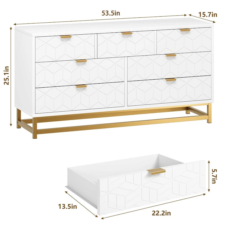 Commode à 7 tiroirs pour chambre à coucher, grande commode de 53,5 po avec pieds en métal