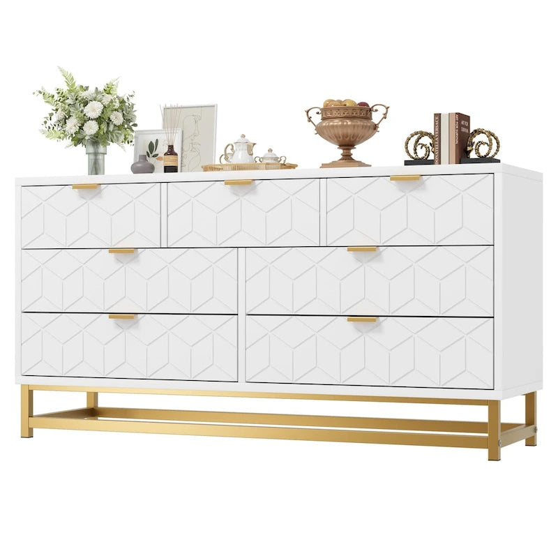 Commode à 7 tiroirs pour chambre à coucher, grande commode de 53,5 po avec pieds en métal