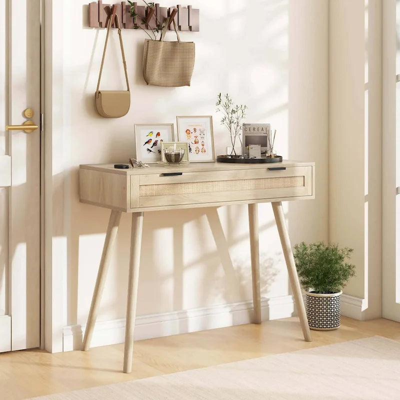 Console en rotin avec tiroir coulissant pour entrée