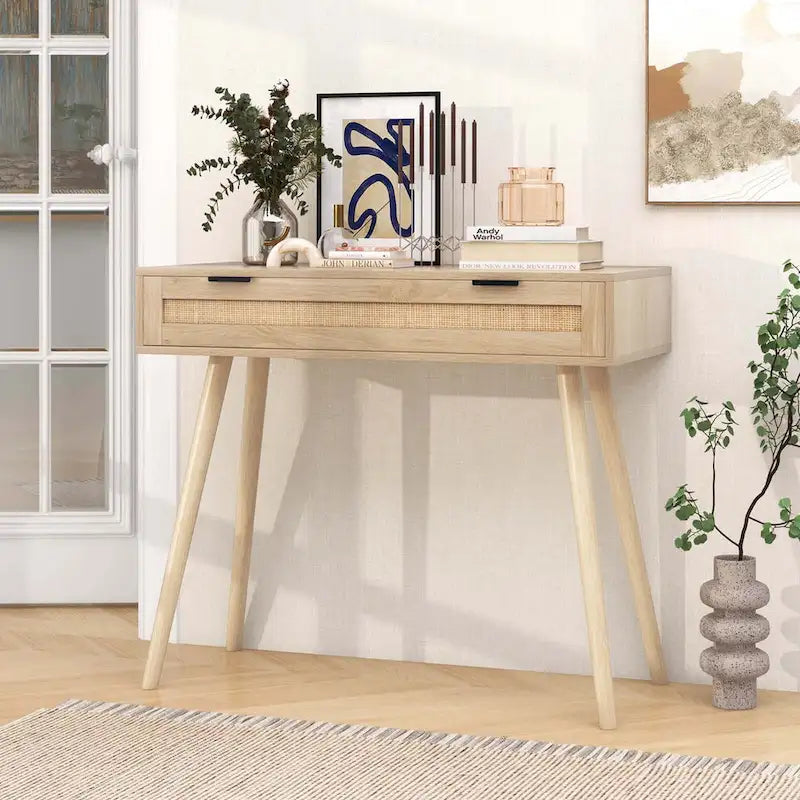 Console en rotin avec tiroir coulissant pour entrée