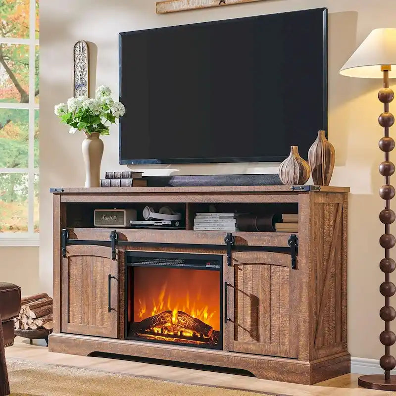 Meuble TV de ferme avec cheminée électrique, meuble de divertissement avec portes cintrées