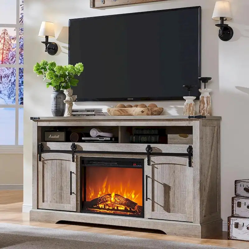 Meuble TV de ferme avec cheminée électrique, meuble de divertissement avec portes cintrées