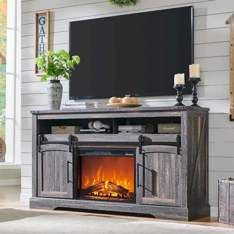 Meuble TV de ferme avec cheminée électrique, meuble de divertissement avec portes cintrées