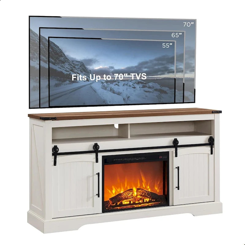 Meuble TV de ferme avec cheminée électrique, meuble de divertissement avec portes cintrées
