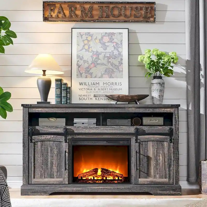 Meuble TV de ferme avec cheminée électrique, meuble de divertissement avec portes cintrées