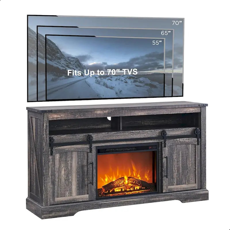 Meuble TV de ferme avec cheminée électrique, meuble de divertissement avec portes cintrées
