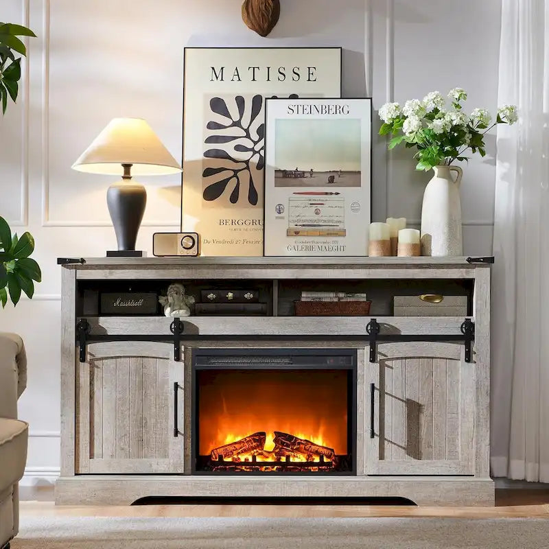 Meuble TV de ferme avec cheminée électrique, meuble de divertissement avec portes cintrées