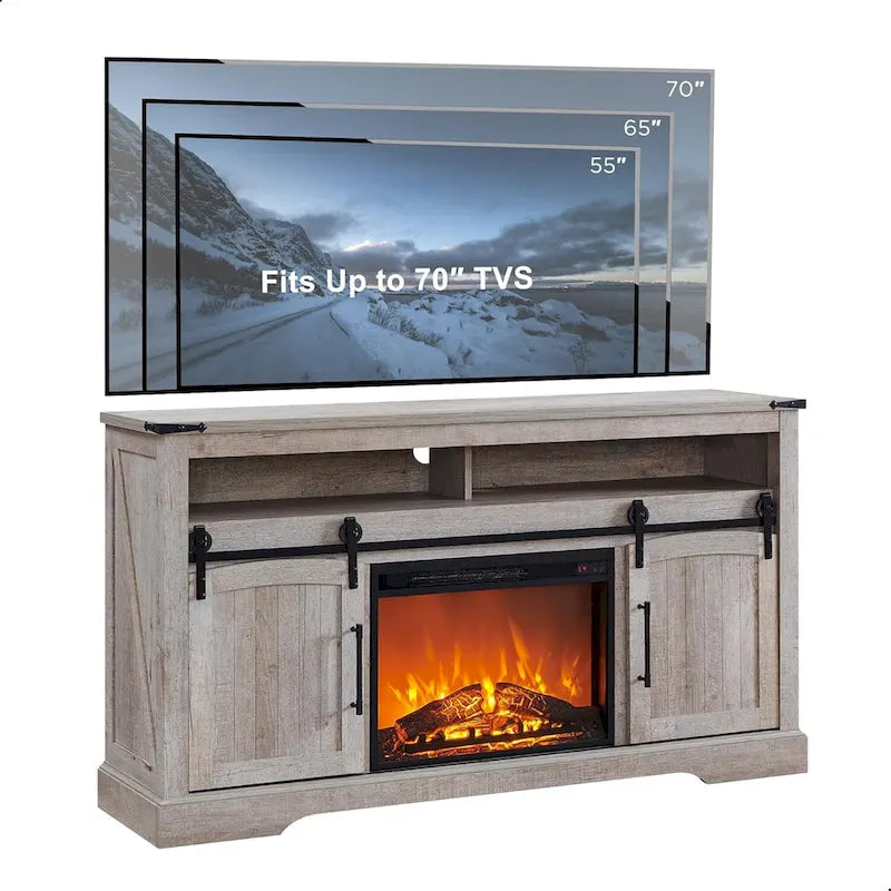 Meuble TV de ferme avec cheminée électrique, meuble de divertissement avec portes cintrées