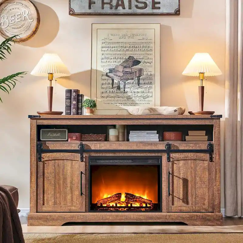 Meuble TV de ferme avec cheminée électrique, meuble de divertissement avec portes cintrées