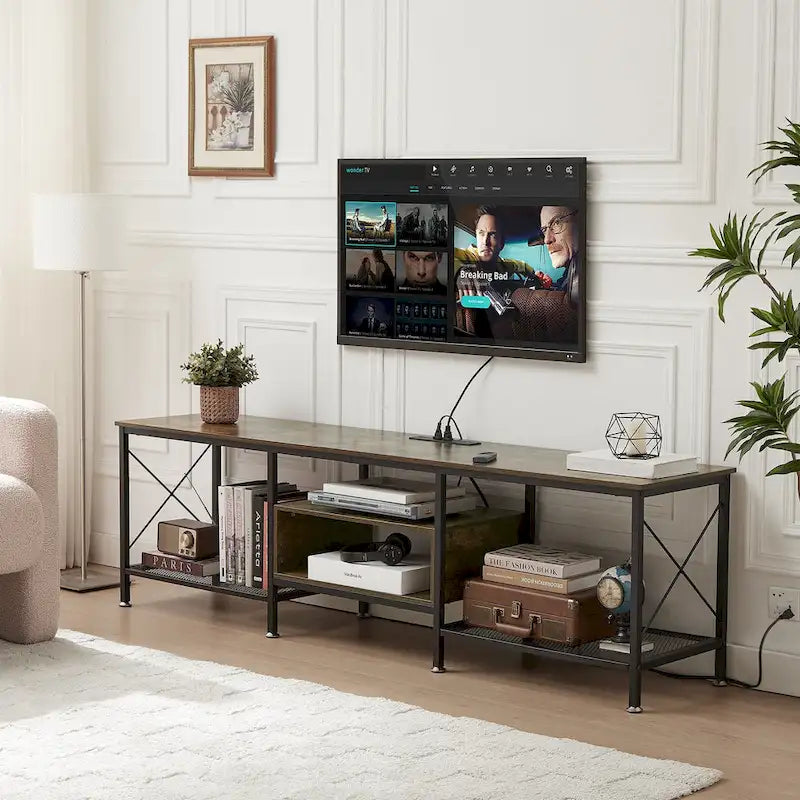 VECELO Wood TV Stand with Charging Station,Storage Shelves Entertainment Center TV Cabinet