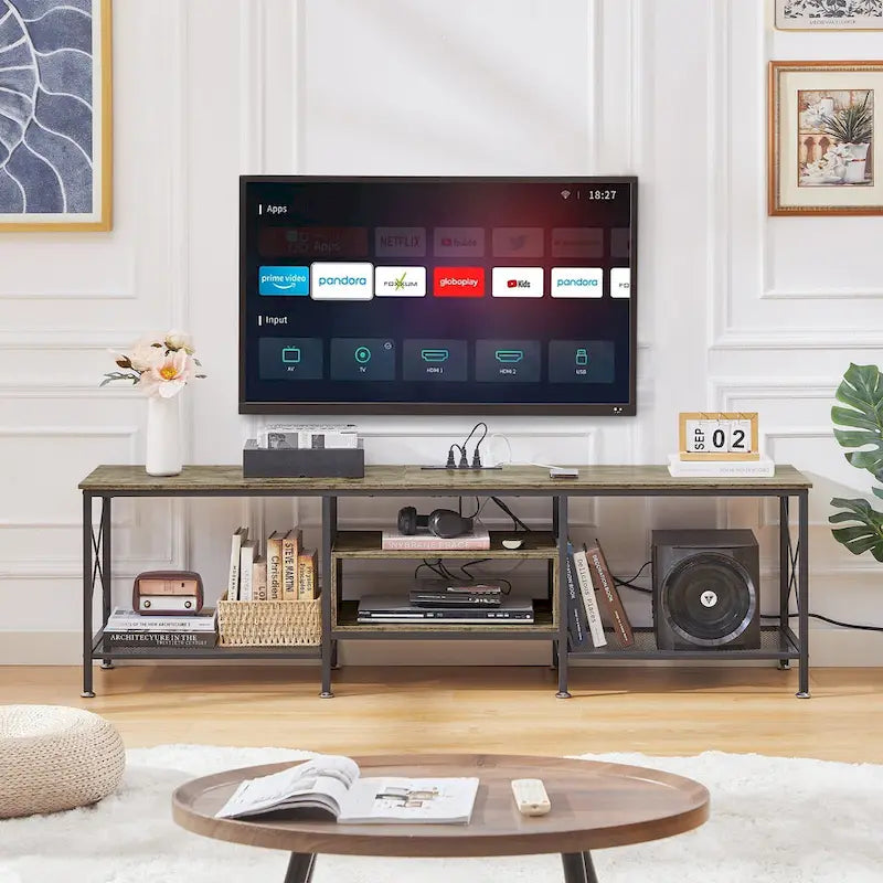 Meuble TV en bois avec station de recharge, étagères de rangement, meuble TV pour centre de divertissement