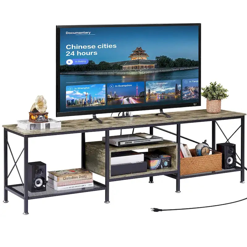 Meuble TV en bois avec station de recharge, étagères de rangement, meuble TV pour centre de divertissement
