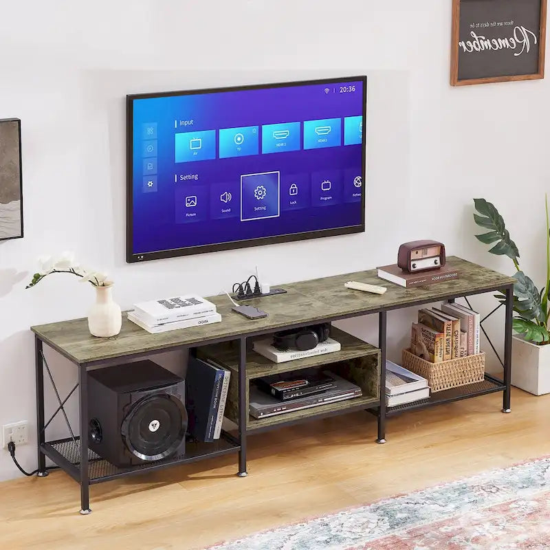 Meuble TV en bois avec station de recharge, étagères de rangement, meuble TV pour centre de divertissement