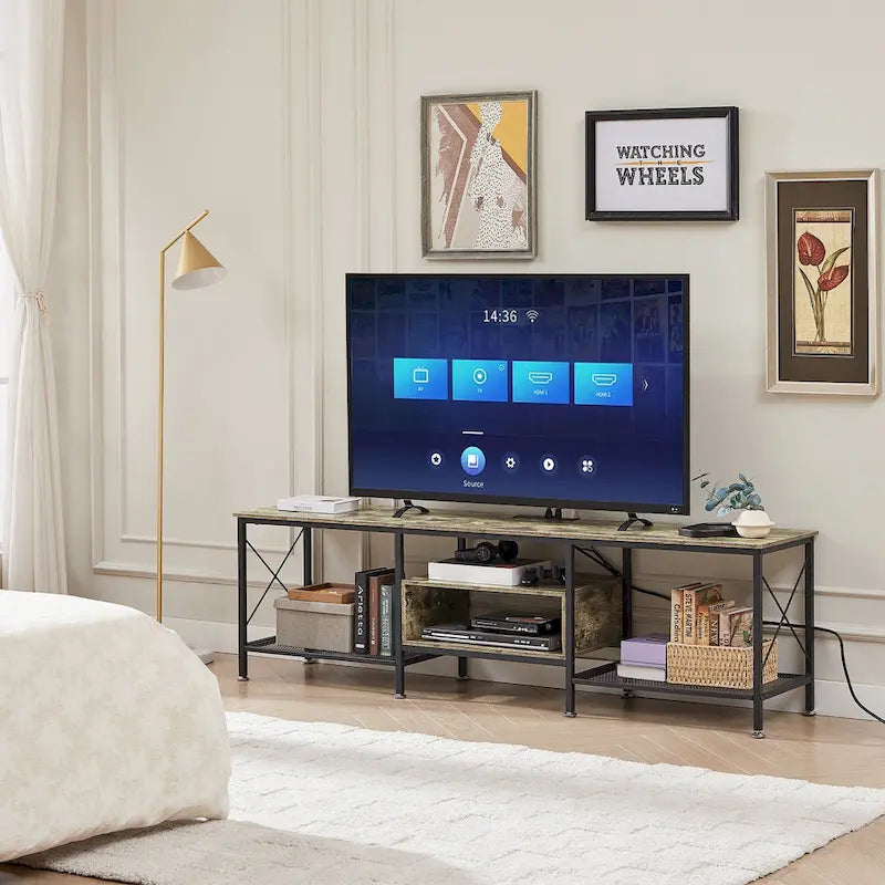 Meuble TV en bois avec station de recharge, étagères de rangement, meuble TV pour centre de divertissement