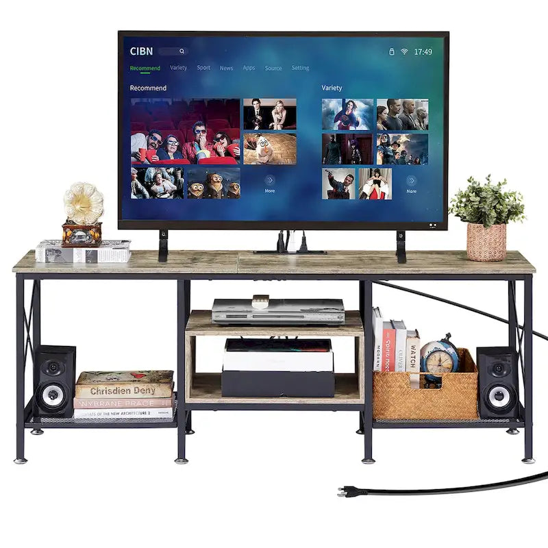 Meuble TV en bois avec station de recharge, étagères de rangement, meuble TV pour centre de divertissement