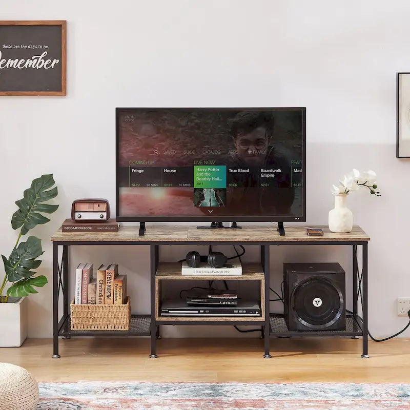 Meuble TV en bois avec station de recharge, étagères de rangement, meuble TV pour centre de divertissement