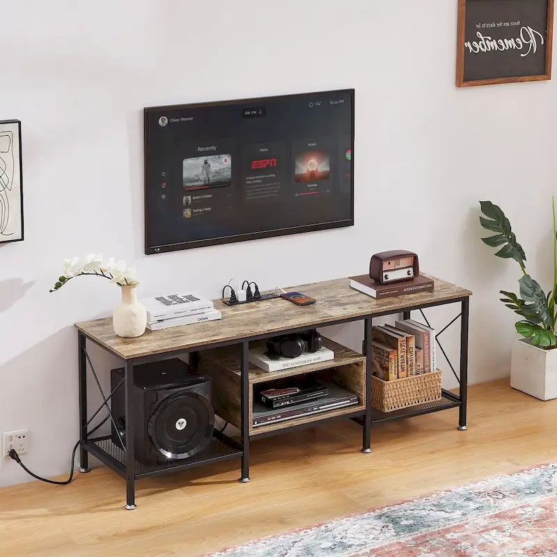 Meuble TV en bois avec station de recharge, étagères de rangement, meuble TV pour centre de divertissement