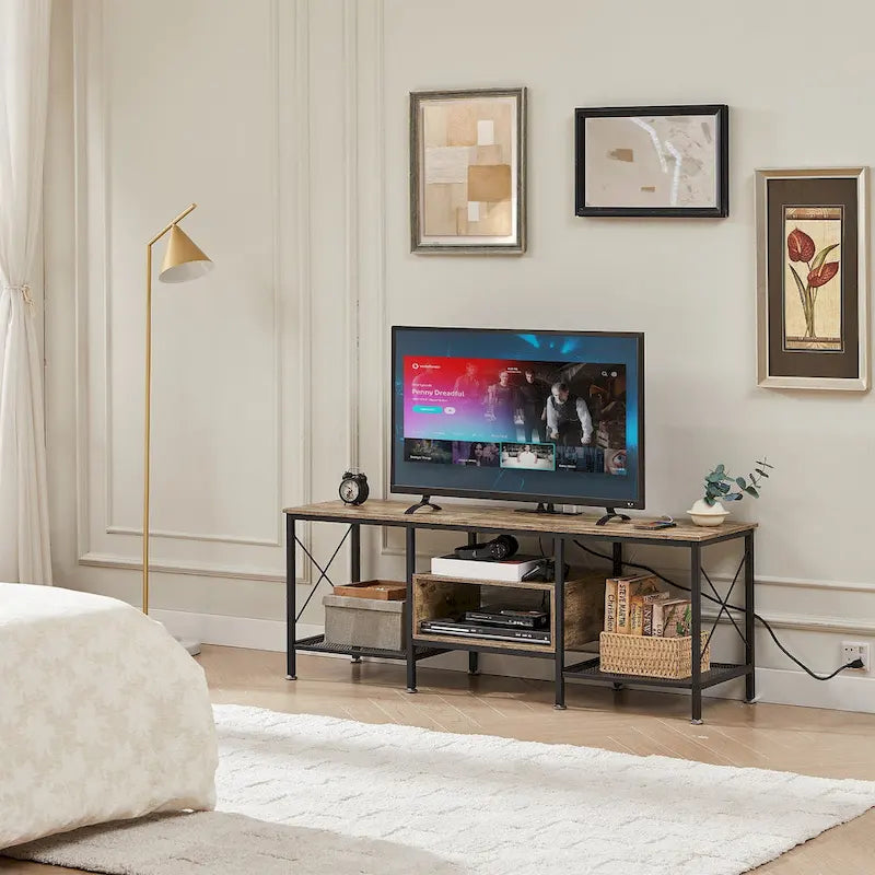 Meuble TV en bois avec station de recharge, étagères de rangement, meuble TV pour centre de divertissement