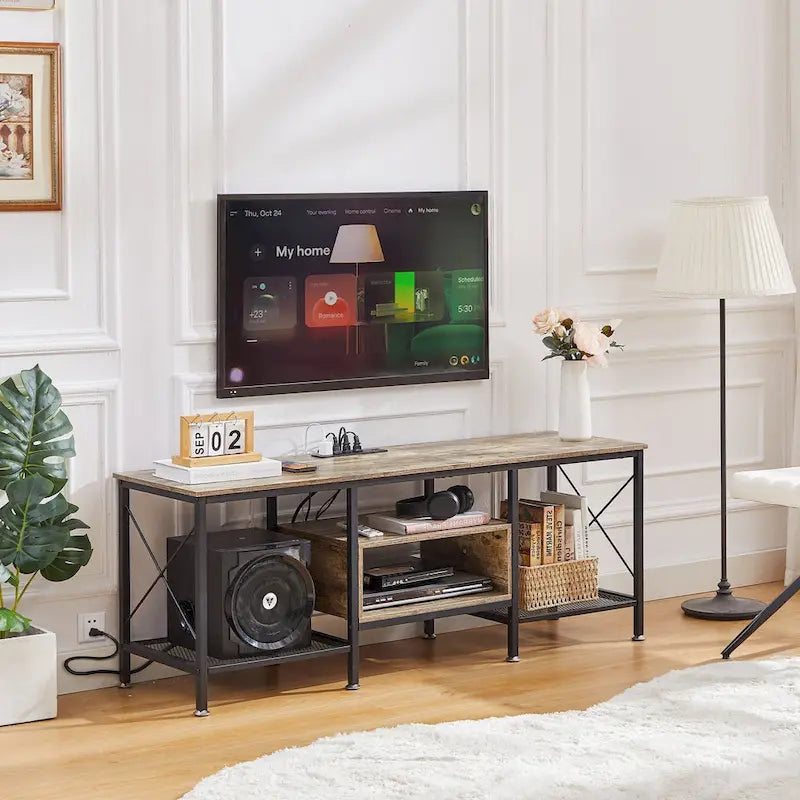 Meuble TV en bois avec station de recharge, étagères de rangement, meuble TV pour centre de divertissement