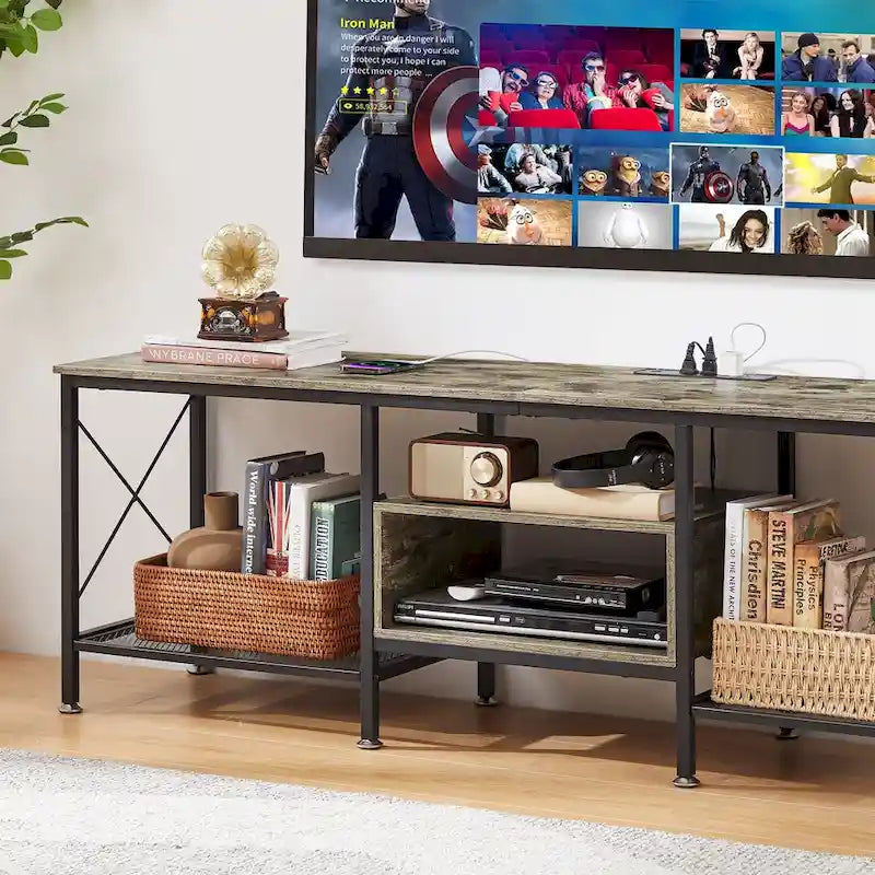 Meuble TV en bois avec station de recharge, étagères de rangement, meuble TV pour centre de divertissement