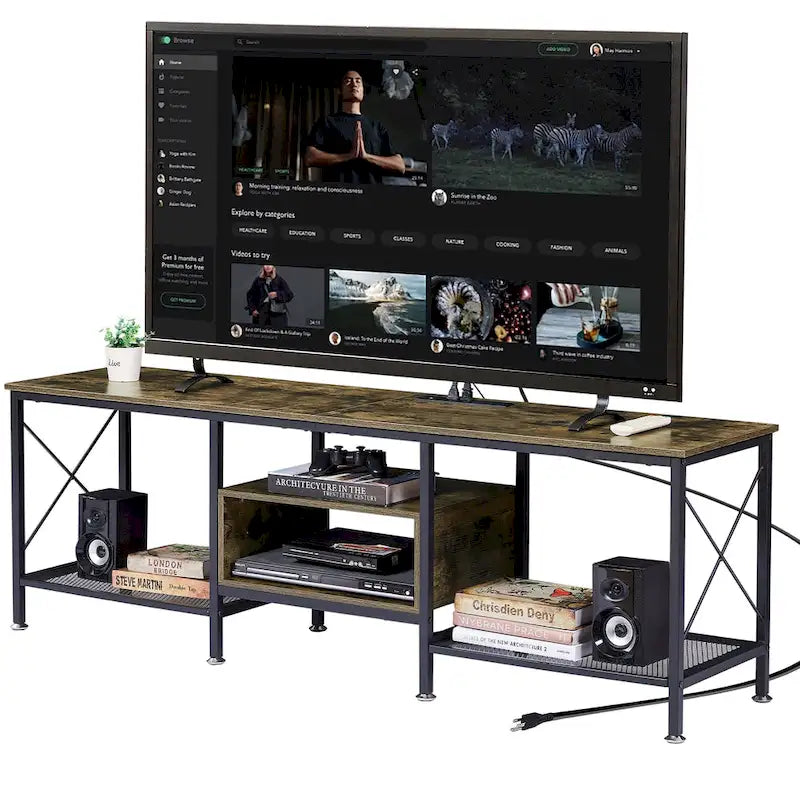 Meuble TV en bois avec station de recharge, étagères de rangement, meuble TV pour centre de divertissement