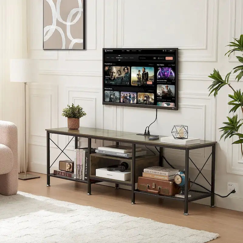 Meuble TV en bois avec station de recharge, étagères de rangement, meuble TV pour centre de divertissement