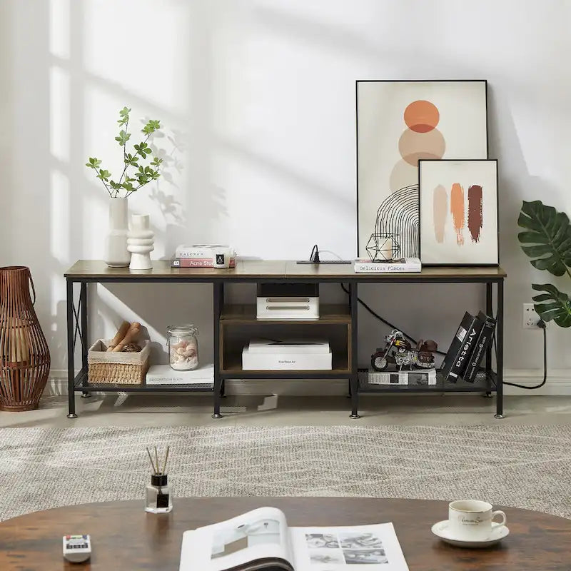 Meuble TV en bois avec station de recharge, étagères de rangement, meuble TV pour centre de divertissement