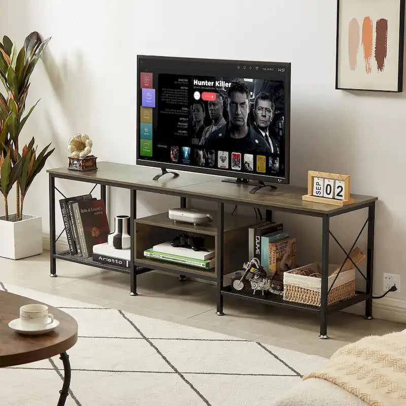 Meuble TV en bois avec station de recharge, étagères de rangement, meuble TV pour centre de divertissement
