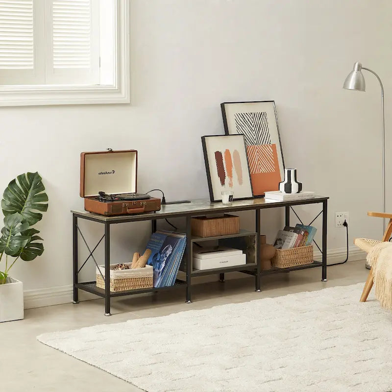 Meuble TV en bois avec station de recharge, étagères de rangement, meuble TV pour centre de divertissement