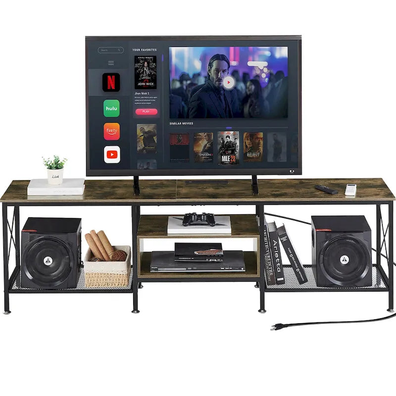 Meuble TV en bois avec station de recharge, étagères de rangement, meuble TV pour centre de divertissement