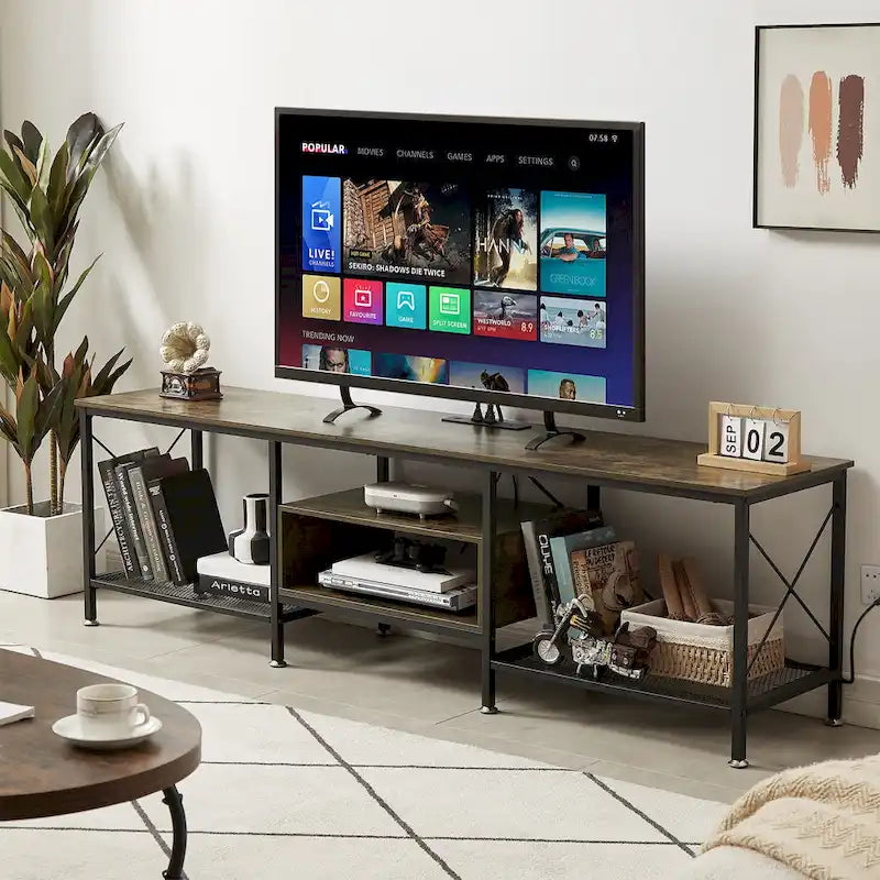 Meuble TV en bois avec station de recharge, étagères de rangement, meuble TV pour centre de divertissement