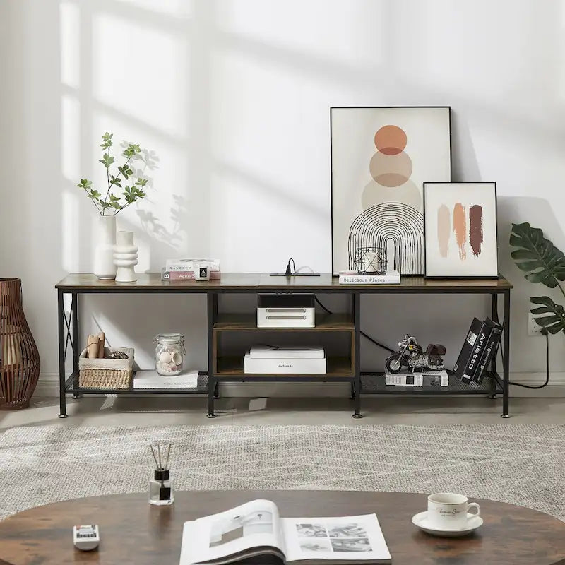 Meuble TV en bois avec station de recharge, étagères de rangement, meuble TV pour centre de divertissement