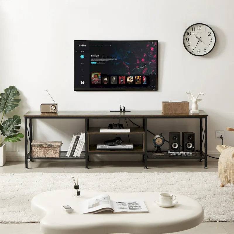 Meuble TV en bois avec station de recharge, étagères de rangement, meuble TV pour centre de divertissement