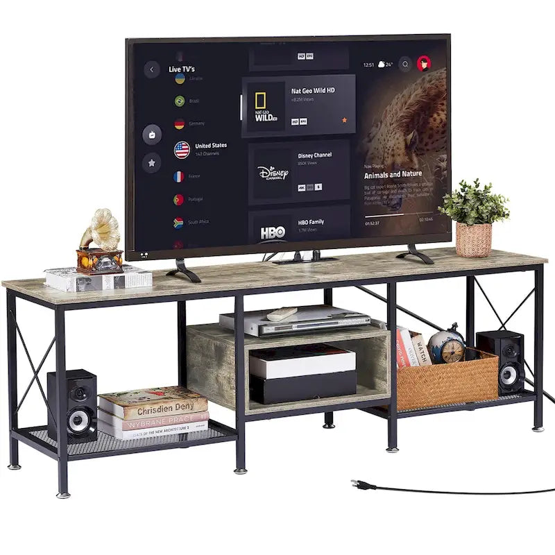 Meuble TV en bois avec station de recharge, étagères de rangement, meuble TV pour centre de divertissement