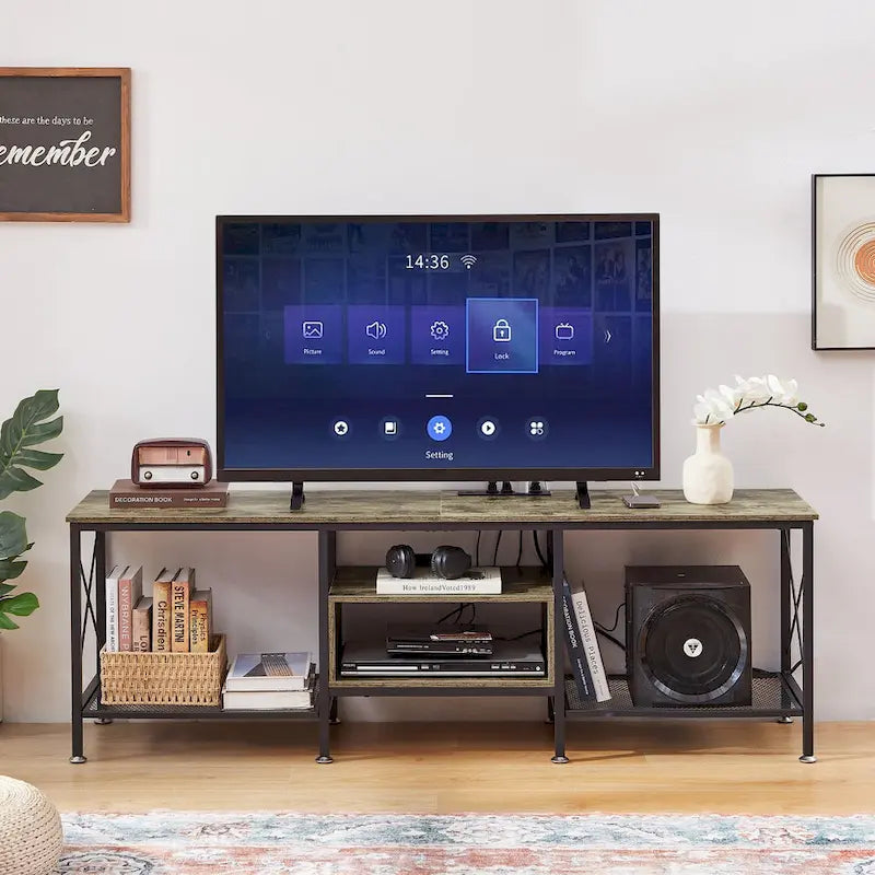 Meuble TV en bois avec station de recharge, étagères de rangement, meuble TV pour centre de divertissement