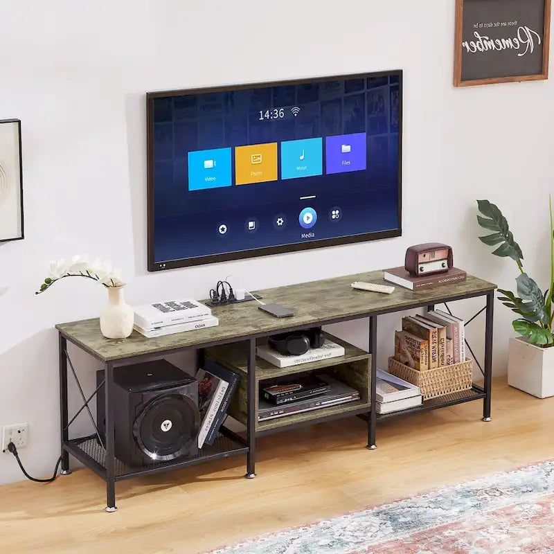 Meuble TV en bois avec station de recharge, étagères de rangement, meuble TV pour centre de divertissement