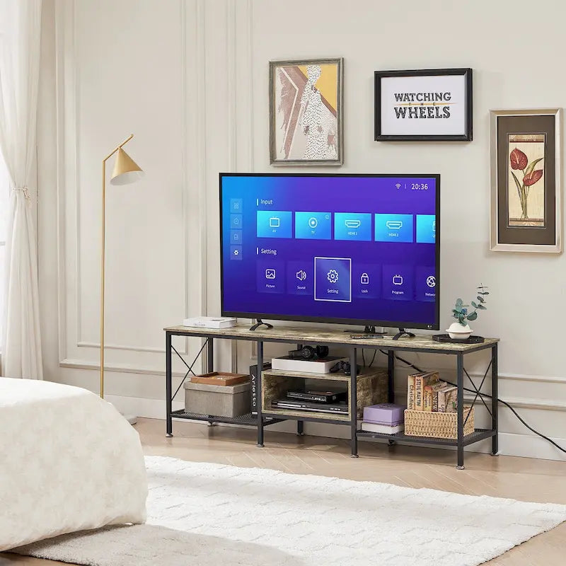 Meuble TV en bois avec station de recharge, étagères de rangement, meuble TV pour centre de divertissement
