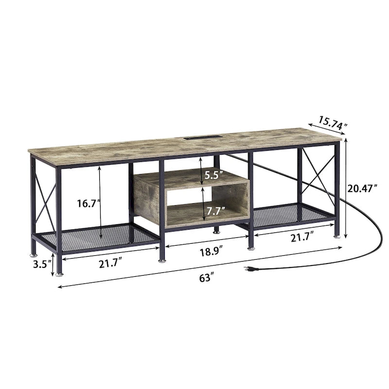 Meuble TV en bois avec station de recharge, étagères de rangement, meuble TV pour centre de divertissement