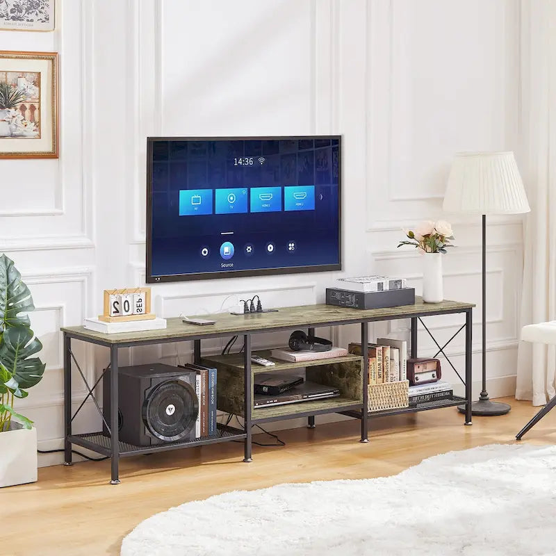 Meuble TV en bois avec station de recharge, étagères de rangement, meuble TV pour centre de divertissement