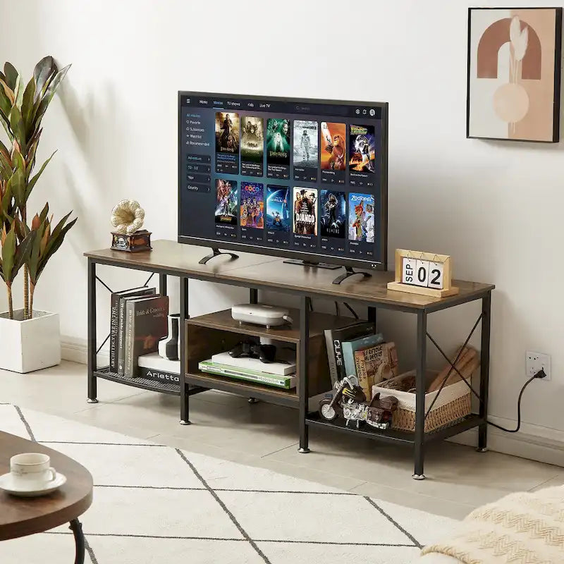 Meuble TV en bois avec station de recharge, étagères de rangement, meuble TV pour centre de divertissement