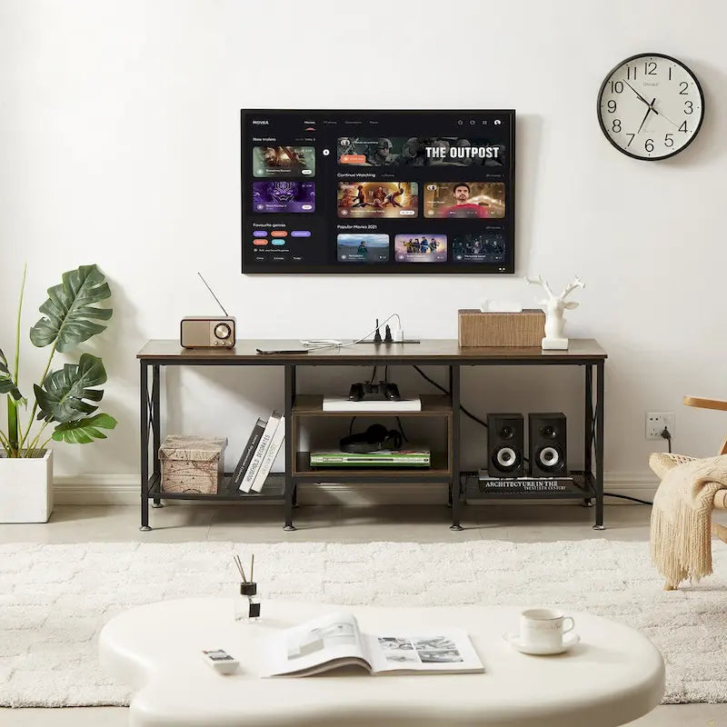 Meuble TV en bois avec station de recharge, étagères de rangement, meuble TV pour centre de divertissement