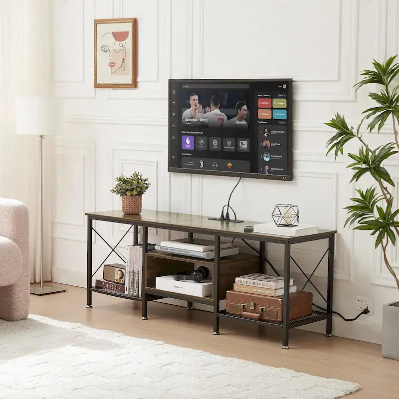 Meuble TV en bois avec station de recharge, étagères de rangement, meuble TV pour centre de divertissement